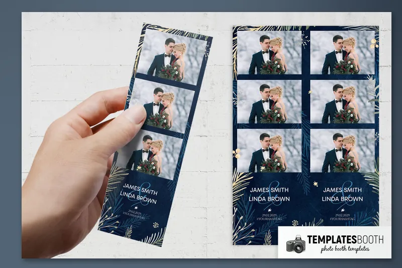Blue Winter Wedding photo booth template: hand holding a three-photo strip beside paired matching strips