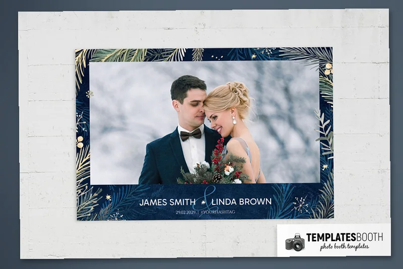 Blue Winter Wedding photo booth template: landscape print with one photo on a white surface