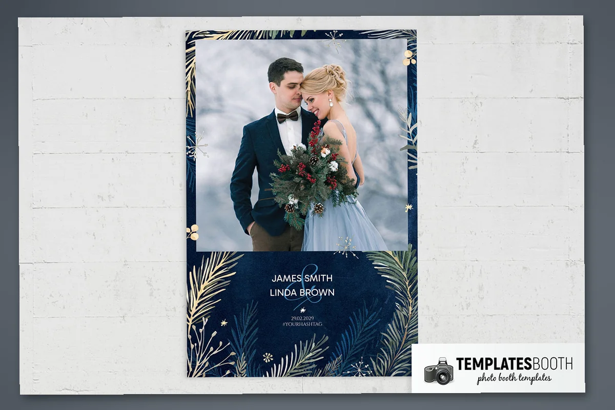 Navy winter wedding photo strip with evergreen sprigs, branching snowflakes, and a blue script ampersand