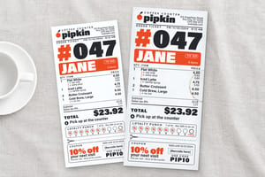 Two tall café receipts with bold black numbers, orange name bars, loyalty stamps and coupon sections