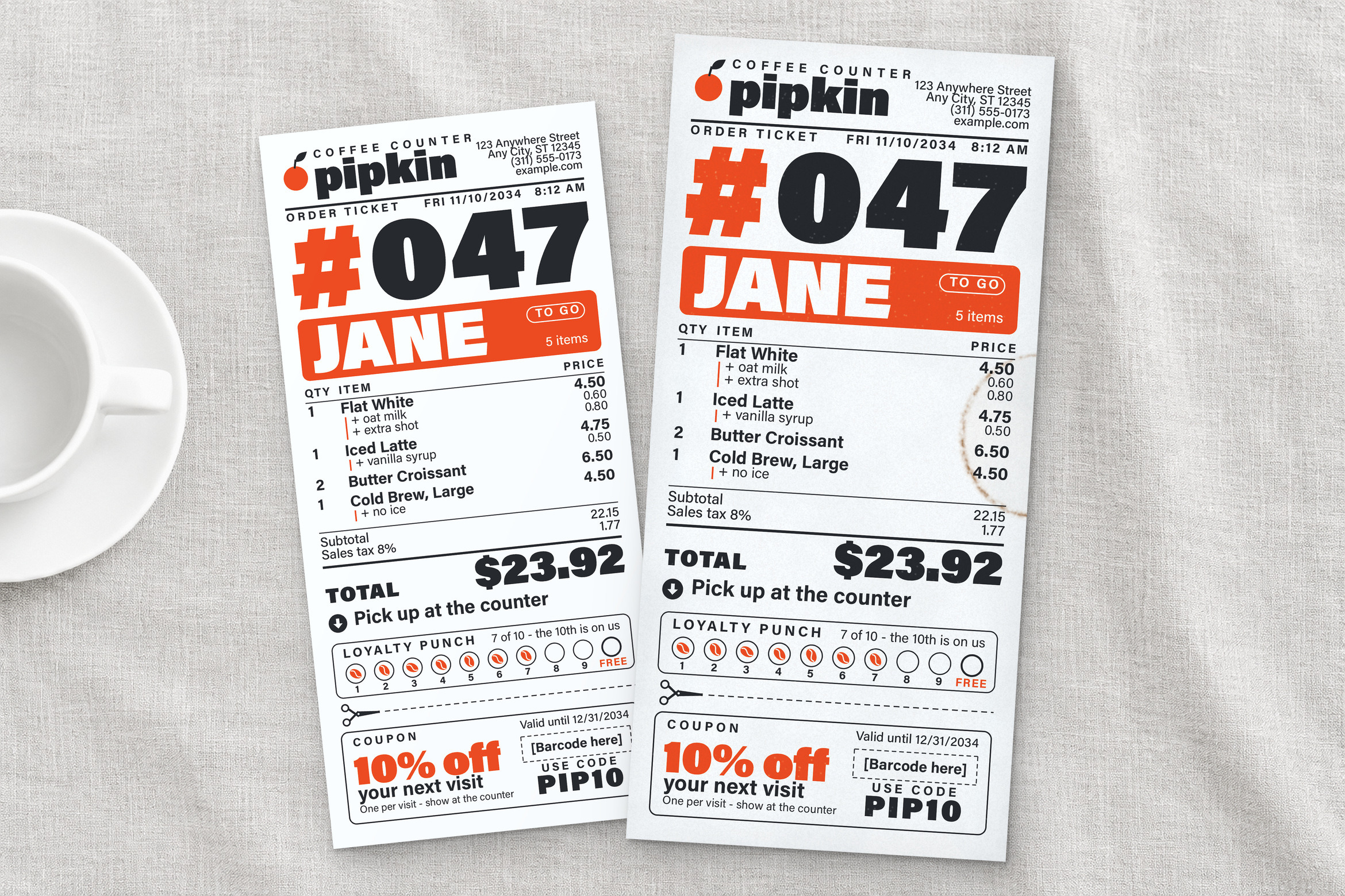 Two tall café receipts with bold black numbers, orange name bars, loyalty stamps and coupon sections
