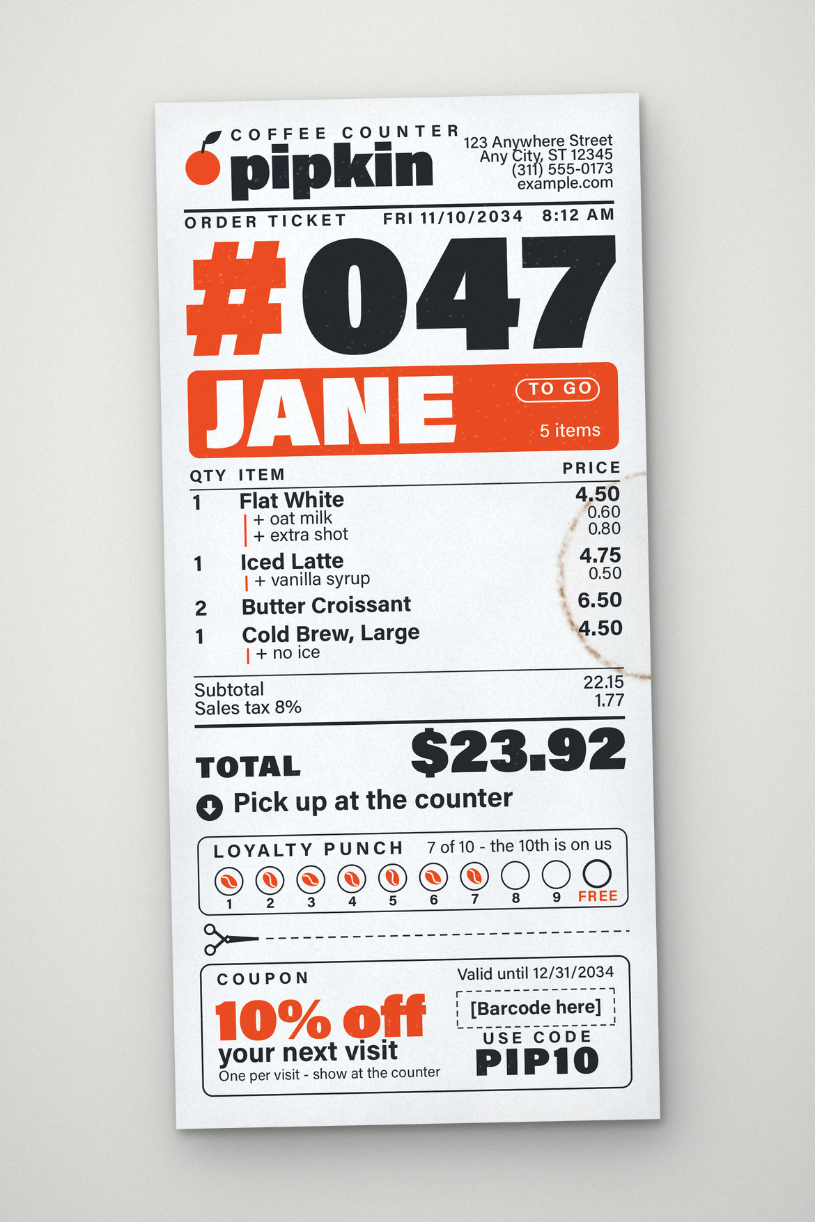 Tall coffee shop receipt with bold black type, orange highlights, oversized order number and bottom coupon