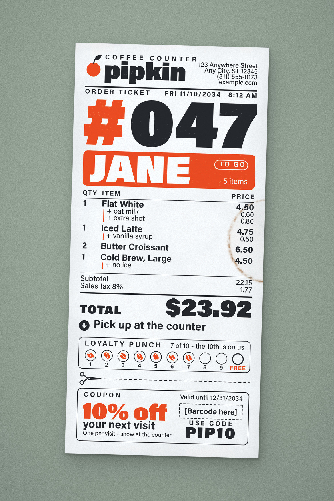 Tall coffee shop receipt with bold black type, orange accents, oversized order number and bottom coupon