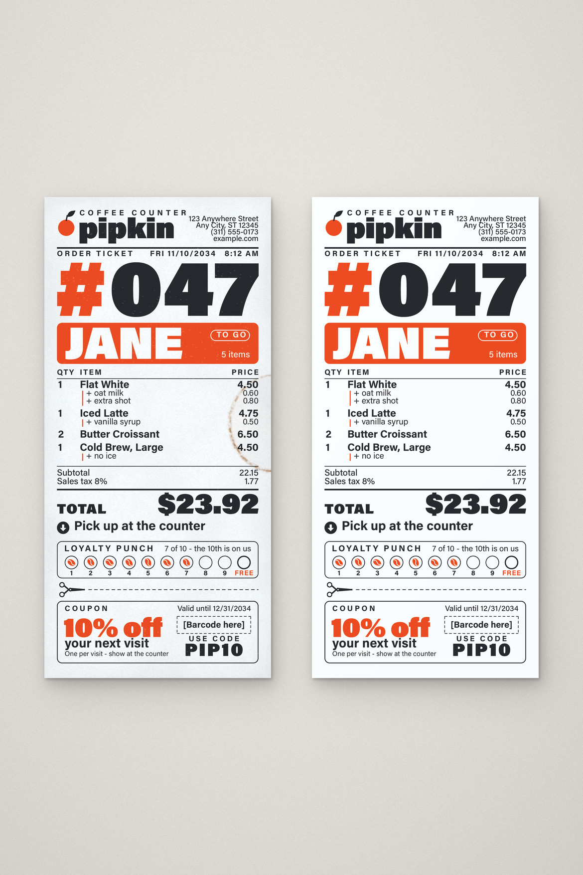 Two tall coffee receipts side by side with bold black type, orange accents, loyalty punches and coupons