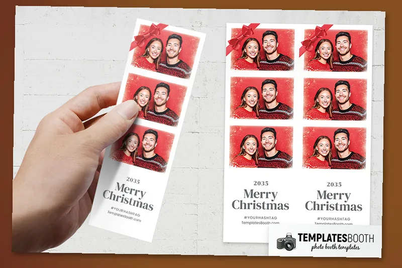 Christmas Bow photo booth template: christmas strip with three stacked photos held in a hand