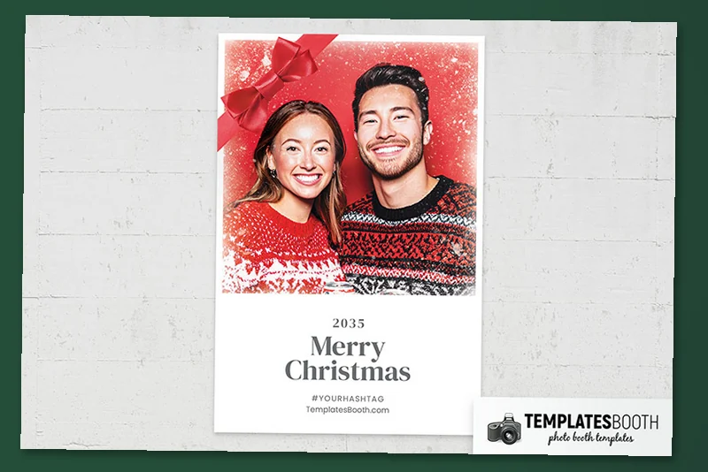 Christmas Bow photo booth template: portrait Christmas print with one photo and greeting