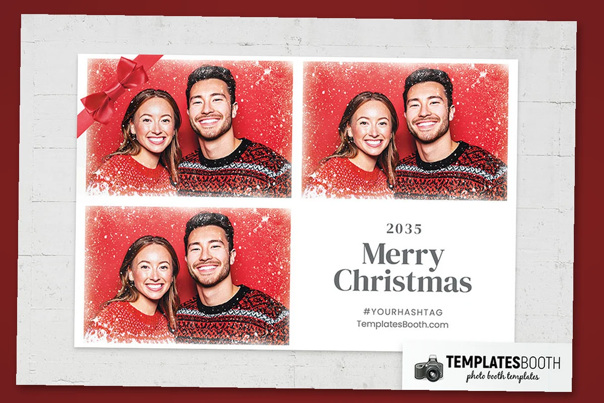 Christmas Bow photo booth template with a shaded red ribbon bow, white frost speckles and two stacked photos