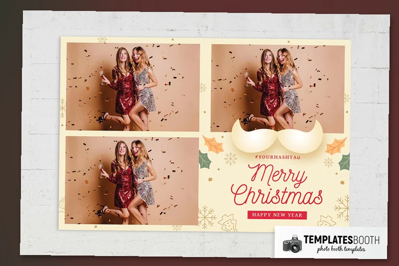 Christmas Party photo booth template (cream moustache and holly): landscape print with three photos and Merry Christmas text