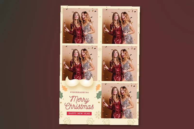 Christmas Party photo booth template (cream moustache and holly): portrait Christmas layout with five photos in two columns