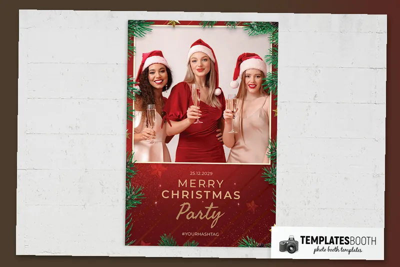 Christmas Party photo booth template (pine sprigs and gold bow): christmas portrait print with one photo on a wall