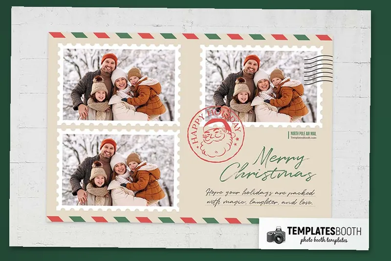 Christmas Postcard photo booth template: landscape Christmas print with three photos and a holiday greeting