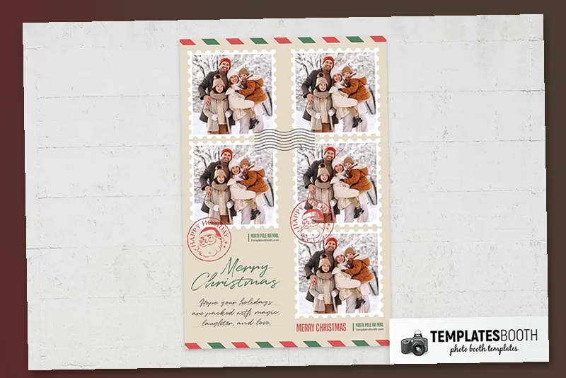 Christmas Postcard photo booth template: portrait Christmas print with five photos arranged in two columns
