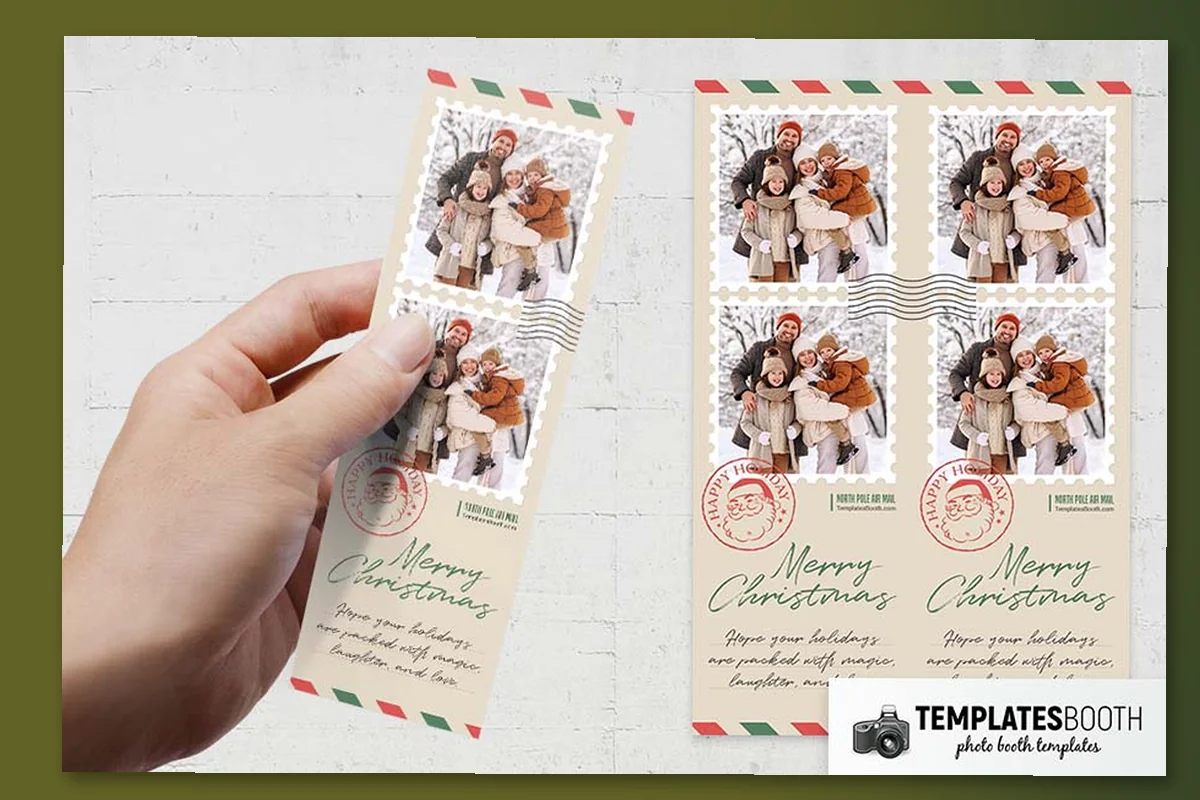Christmas postcard photo booth strip with cream paper styling, scalloped stamp frames and a red Santa postmark