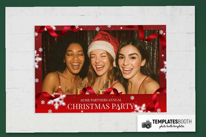 Christmas Snowflakes photo booth template: landscape Christmas layout with one large photo above red party footer
