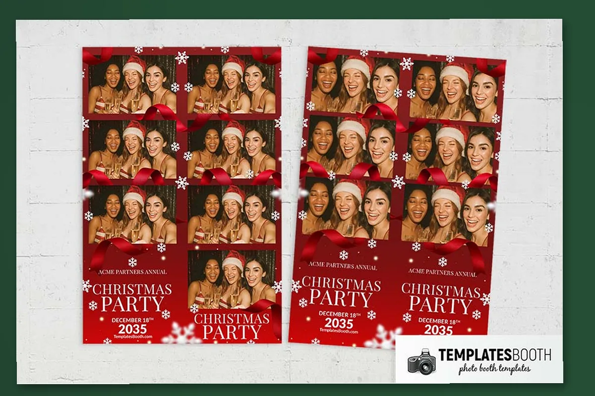 Red Christmas snowflake photo booth layouts with white snowflakes, blurred lights and curling red ribbons