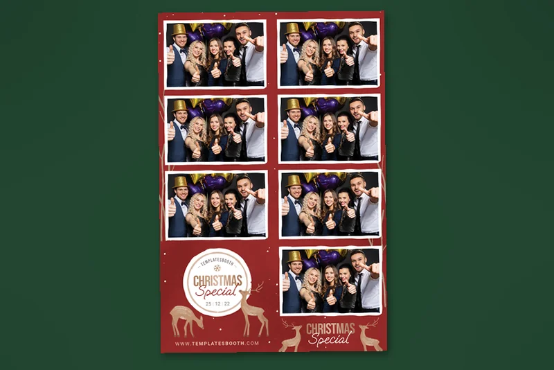 Christmas Special photo booth template: red portrait layout with seven photos and Christmas badge