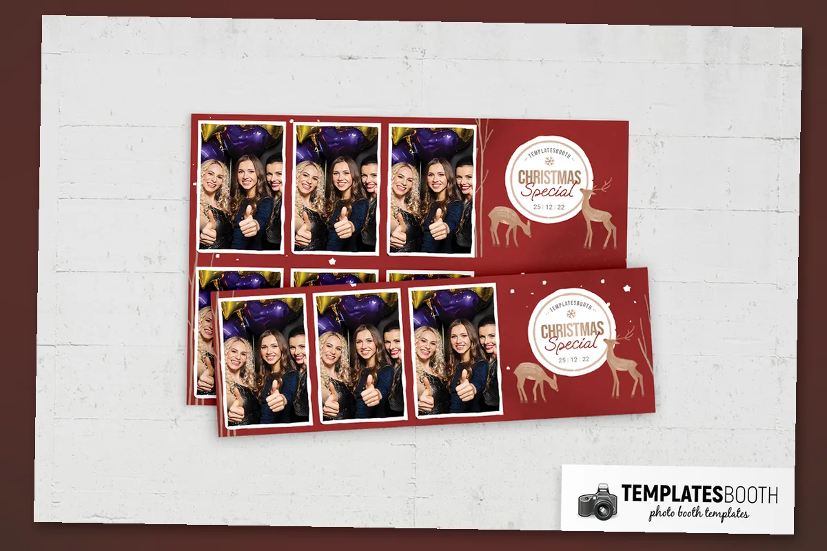 Christmas Special photo booth template with a textured red background, two brown deer and a white circular badge