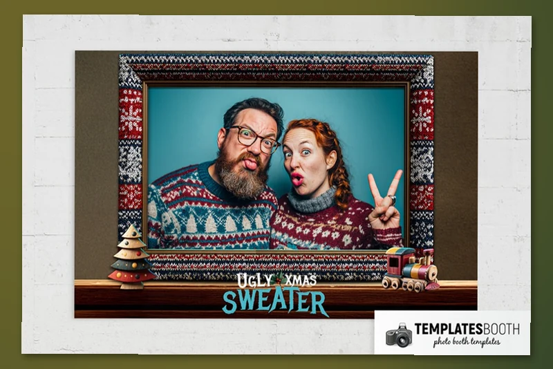 Christmas Ugly Sweater photo booth template: landscape Christmas sweater layout with one framed photo