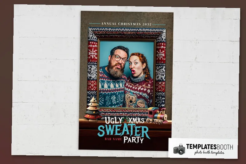 Christmas Ugly Sweater photo booth template: portrait Christmas sweater layout with one framed photo