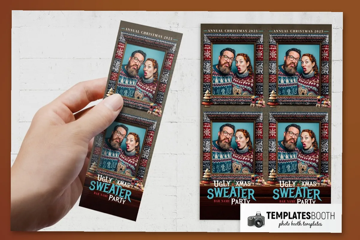 Christmas ugly sweater photo booth template with knitted borders, dark wood trim, Christmas trees and toy trains