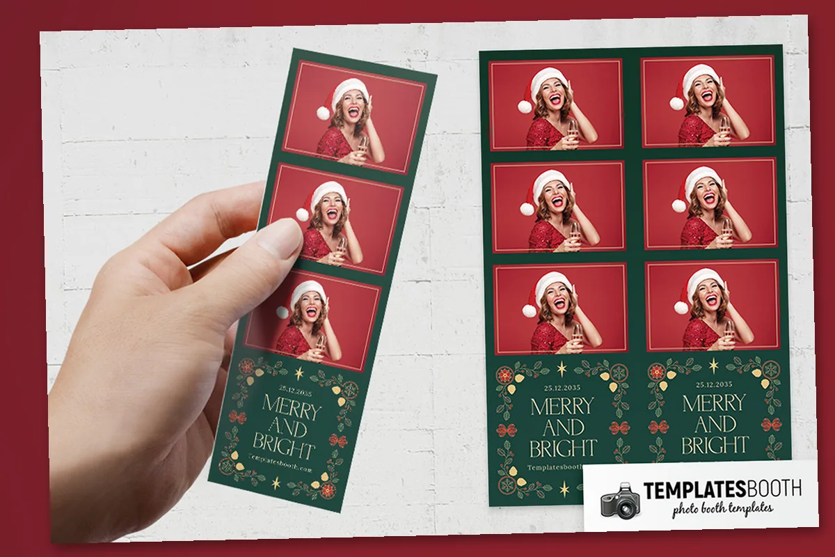 Classic Christmas photo booth template in dark green with red photo borders and fine gold holly illustrations