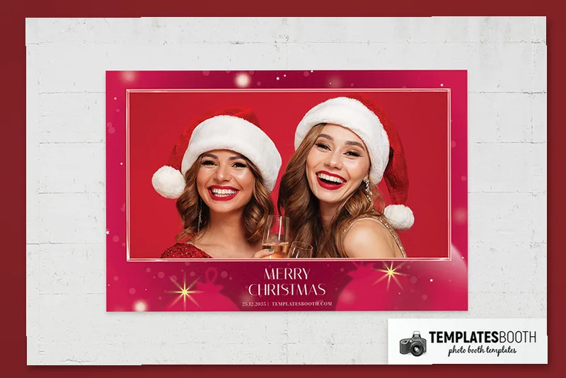 Contemporary Christmas photo booth template: landscape Christmas print with one photo above a red greeting
