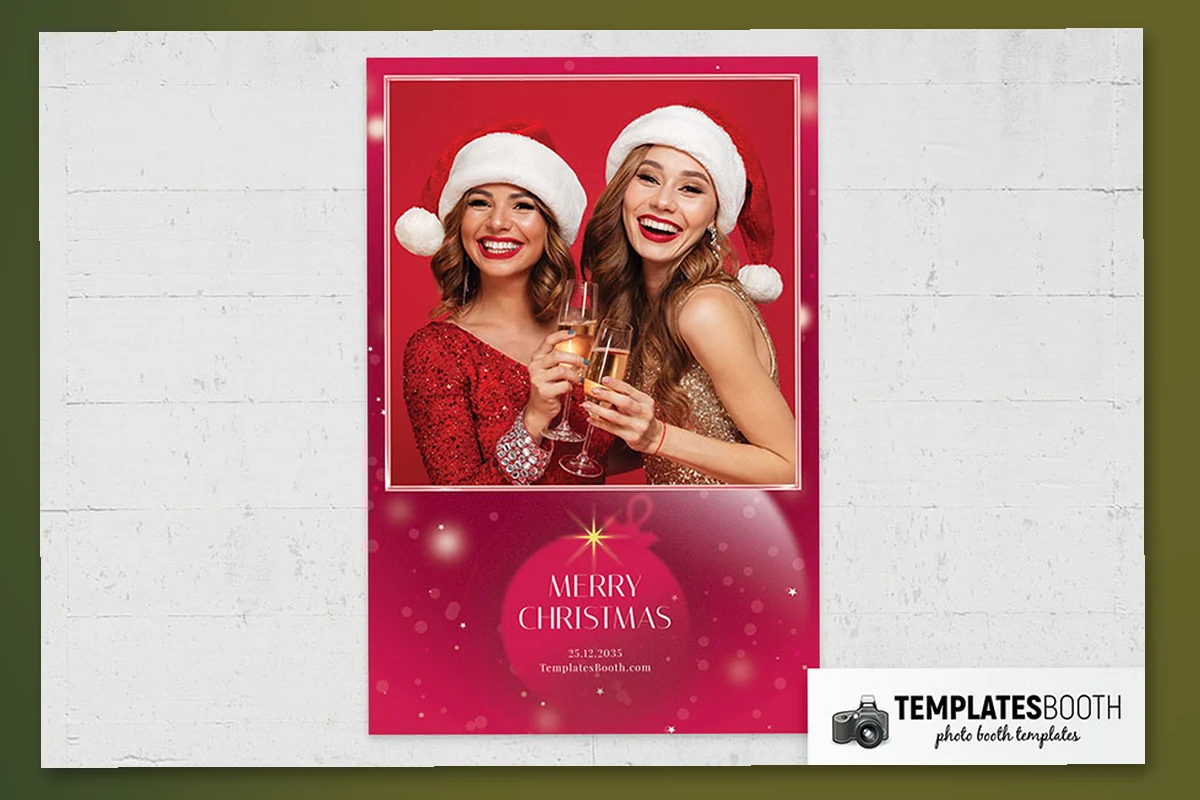 Pink and red Christmas photo booth template with a translucent bauble, gold starbursts and white double borders