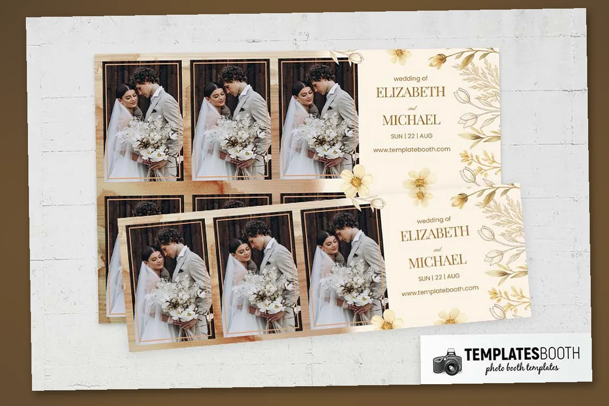 Earthy boho wedding photo booth template with mottled brown texture, double gold frames and pale yellow botanicals