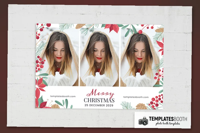 Elegant Christmas photo booth template: landscape Christmas print with three photos across the top
