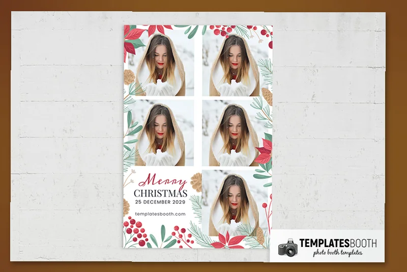 Elegant Christmas photo booth template: portrait Christmas print with five photo openings
