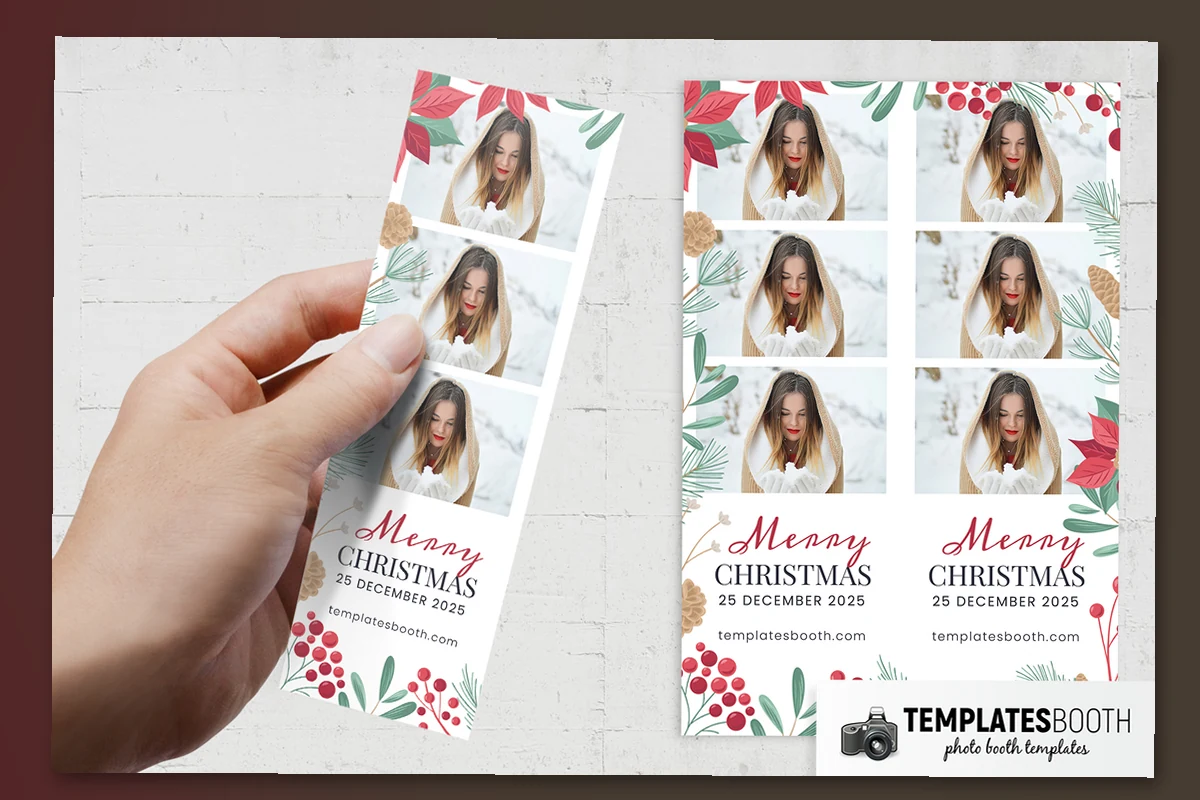 Elegant Christmas photo booth layouts with red poinsettias, berry clusters, green pine sprigs and tan pinecones