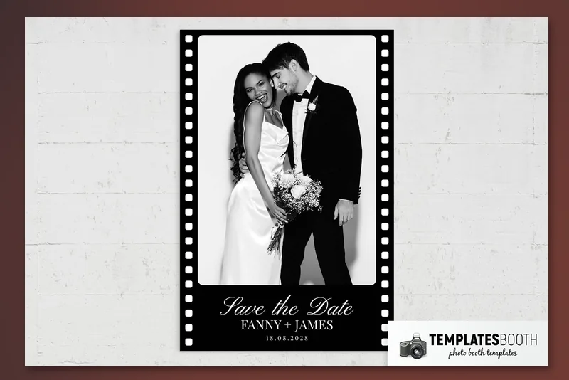 Film Strip photo booth template: portrait print with single wedding photo and black filmstrip border