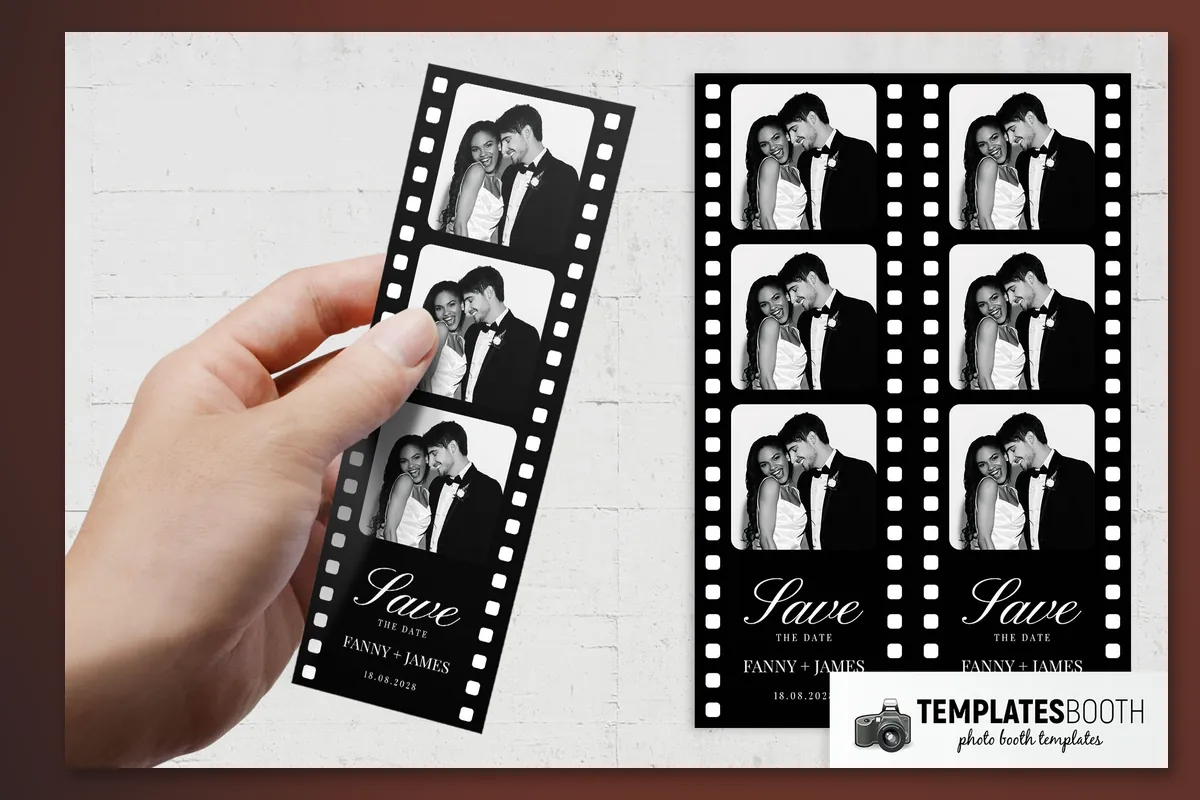 Black film-style photo booth strip with white sprocket holes and three rounded rectangular photo windows