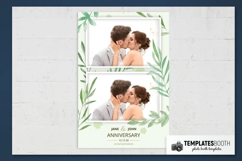 Free Anniversary photo booth template: portrait print with two stacked photos and leafy borders