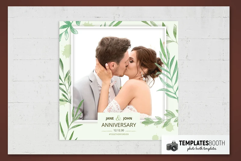 Free Anniversary photo booth template: square print with one photo and leafy borders