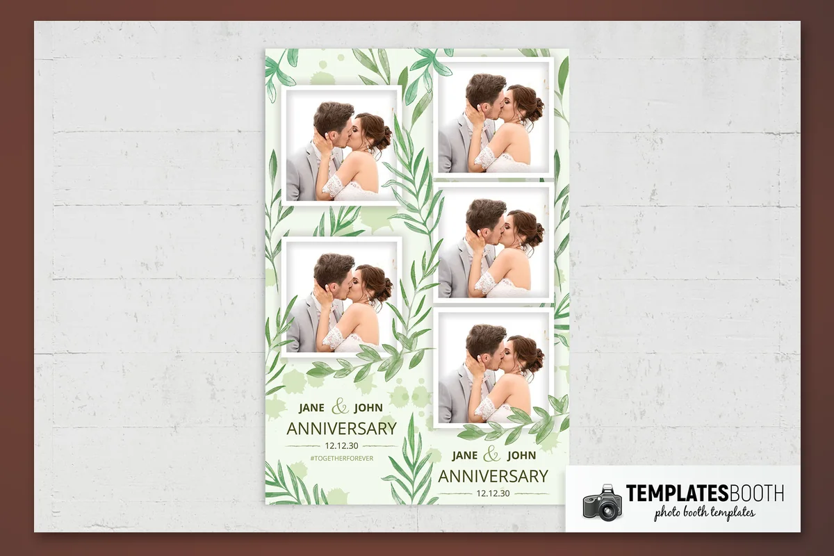 Anniversary photo booth strip with green watercolor leaves, two square photos, and thick white frames