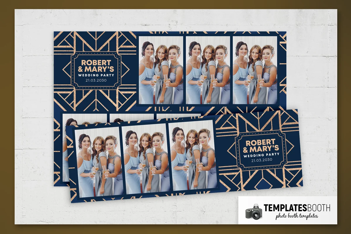 Art Deco photo booth strip with navy background, gold geometric lines, and a stepped dotted name plaque
