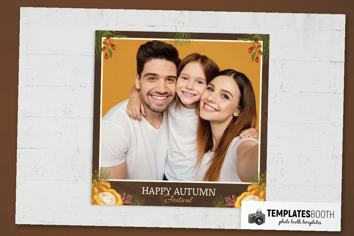 Free autumn photo booth template with cream photo borders, hanging orange berries and pumpkins on dark brown