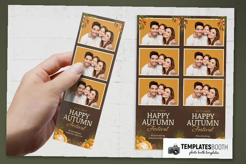 Free Autumn photo booth template: three-photo autumn strip held beside a matching strip pair