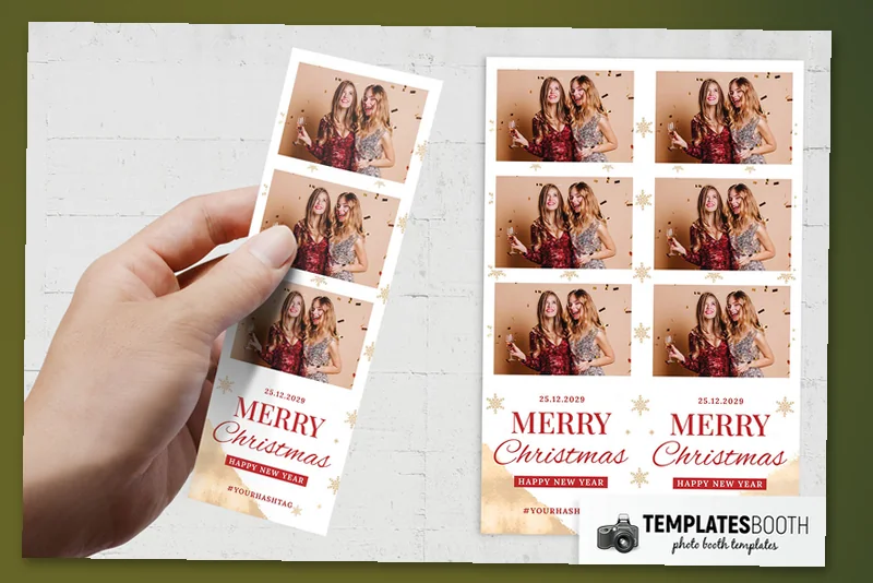 Free Christmas photo booth template: three-photo Christmas strip held beside matching printed strips