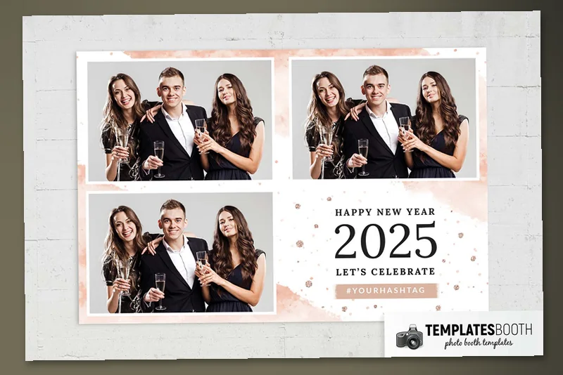 Free Elegant New Year photo booth template: landscape print with three photos and New Year text