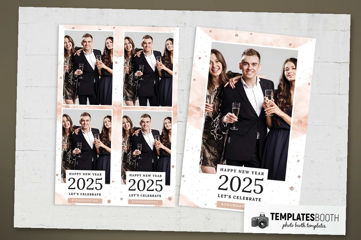 Free New Year photo strip template with pink watercolor washes, rose-gold dots and two white-bordered photos
