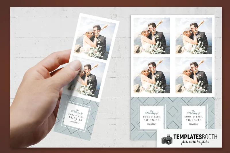 Free Elegant Wedding photo booth template: two-photo strip held beside two matching strips