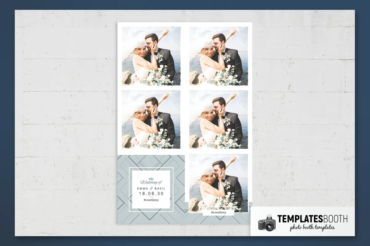Elegant wedding photo strip with white photo frames, pale gray diamond outlines, and muted gray-green script