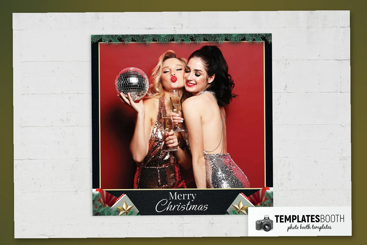 Christmas photo booth template with two gold-bordered photos, evergreen branches, gold lights and gifts on black