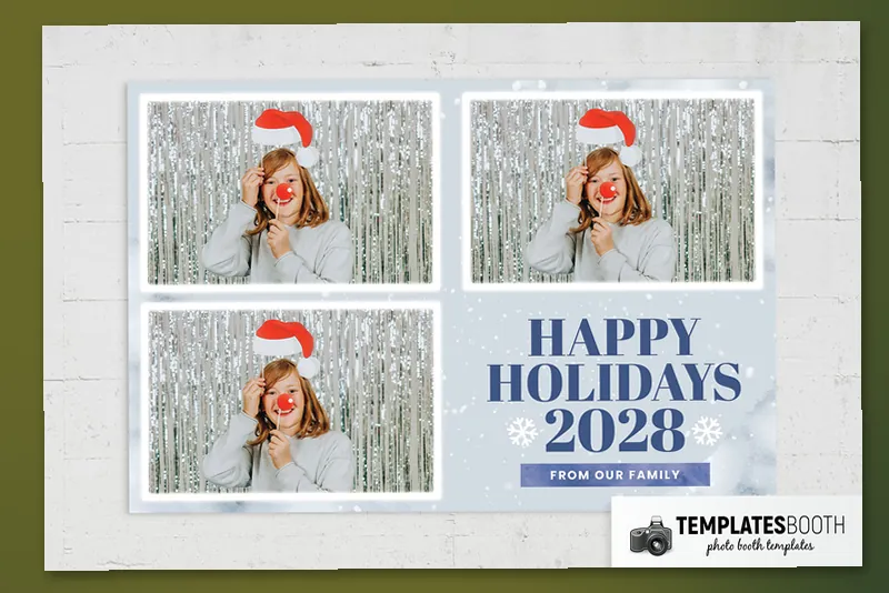 Free Frosty Winter photo booth template: landscape holiday print with three photos on white wood