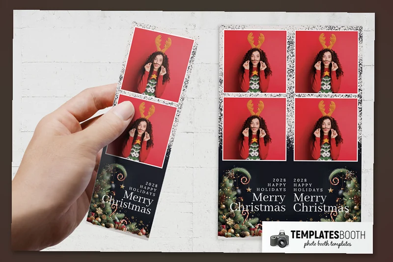 Free Merry Christmas photo booth template: hand holding two photo Christmas strip beside matching strips