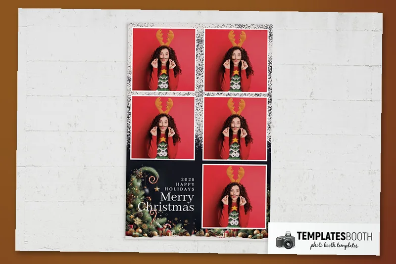 Free Merry Christmas photo booth template: portrait Christmas print with five photos and greeting panel