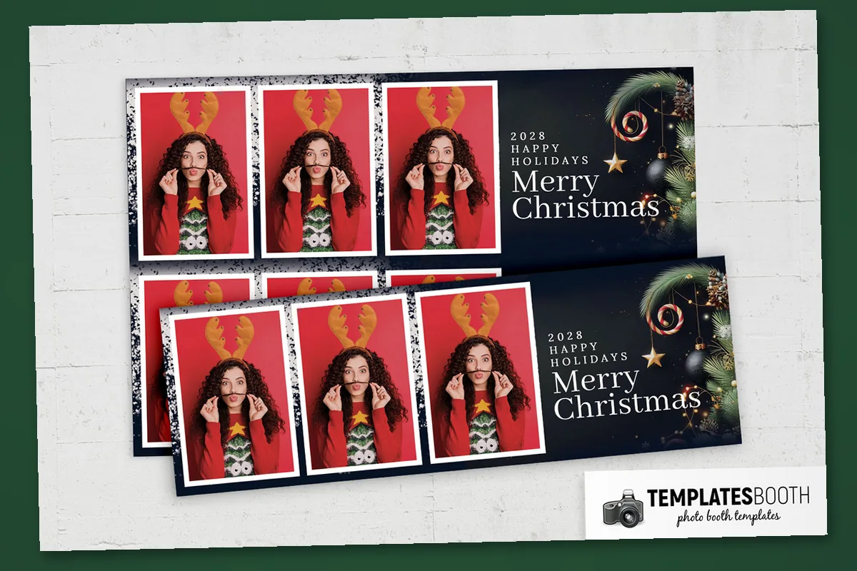 Free Christmas photo booth strip with a navy footer, speckled border, pine branches, baubles and candy canes
