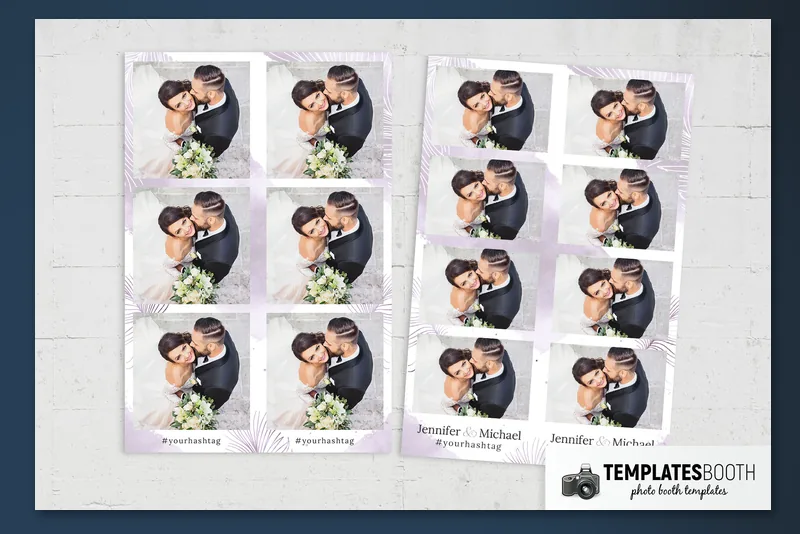 Free Minimal Purple Wedding photo booth template: paired three photo strips beside paired four photo strips